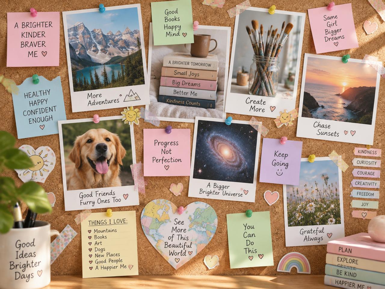 A pastel vision board pinned to a cork noticeboard with photos, handwritten notes and colourful pushpins